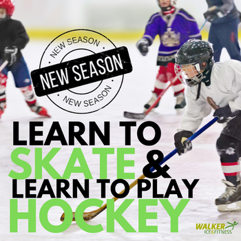 kids playing hockey with text saying learn to skate and learn to play hockey