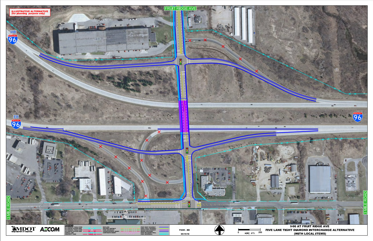 Blue print featuring road map and proposed new interchanges for construction project